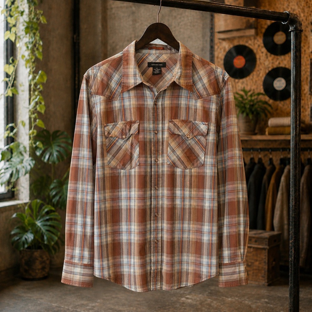 Calvin Klein Jeans Brown Plaid Western Pearl Snap Shirt Large vintage cowboy